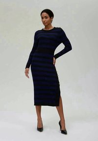Langärmliges Strickkleid in Dunkelblau und schwarzen horizontalen Streifen, mit seitlichen Knöpfen, einer figurbetonten Silhouette und einer Midi-Länge.