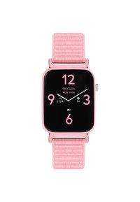 Orologio smartwatch quadrato con quadrante nero, numeri rosa e cassa metallica rosa. Caratterizzato da un morbido cinturino testurizzato di un rosa chiaro. Indica i secondi.