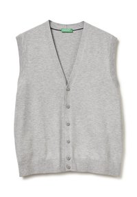 Grauer ärmelloser Cardigan mit V-Ausschnitt, mit Knopfleiste und Rippbund, aus einem weichen Strickmaterial gefertigt.