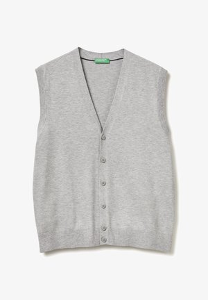 Gray sleeveless cardigan with a V-neck, featuring a button front and ribbed hem, made from a soft knit material.