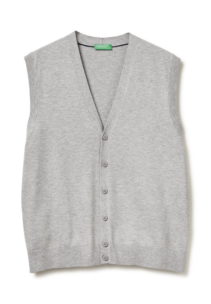 Grauer ärmelloser Cardigan mit V-Ausschnitt, mit Knopfleiste und Rippbund, aus einem weichen Strickmaterial gefertigt.
