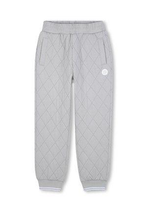 Lichtgrijze, gewatteerde sweatpants met een ruitpatroon, een elastische taille, twee zijzakken en witte gestreepte boorden bij de enkels.