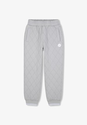 Lichtgrijze, gewatteerde sweatpants met een ruitpatroon, een elastische taille, twee zijzakken en witte gestreepte boorden bij de enkels.