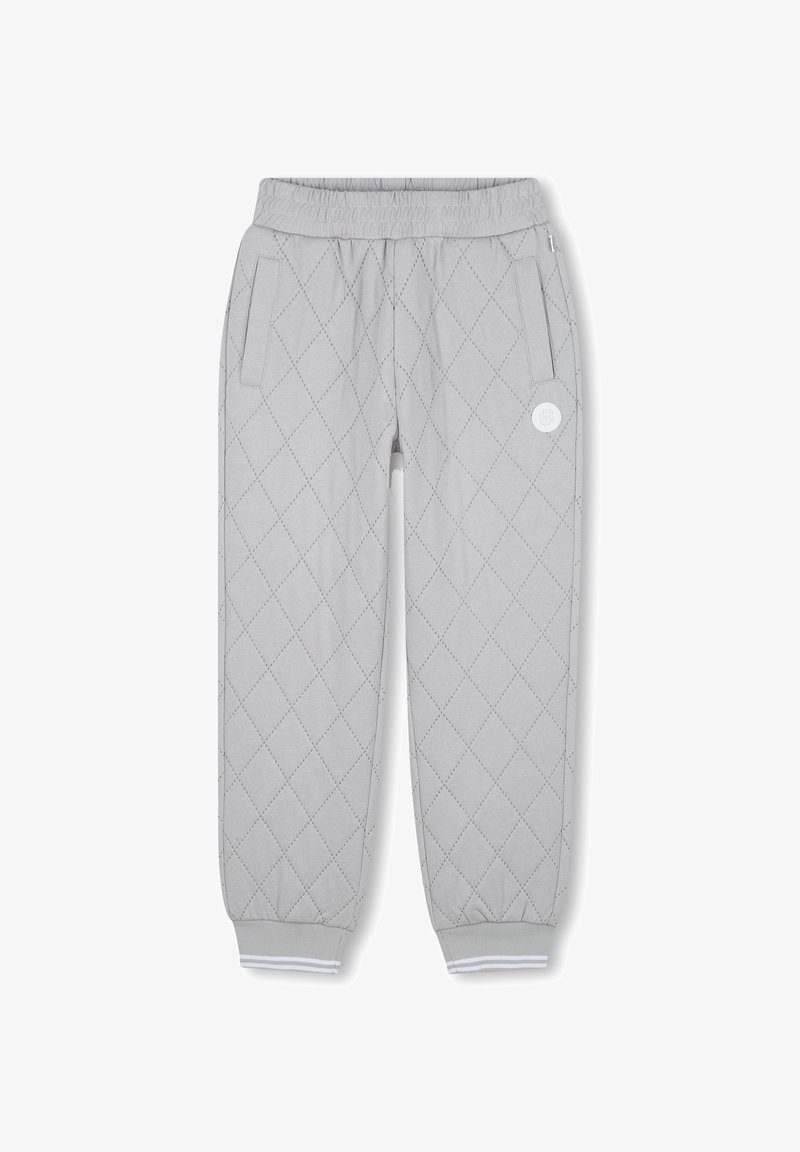 Pantalons de survêtement matelassés gris clair avec un motif en losanges, taille élastique, deux poches latérales et bords rayés blancs au niveau des chevilles.