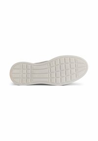 Sål af en sneaker, letvægts gummimateriale, hvid farve, tekstureret overflade med gittermønster, med en let krumning ved hælen.