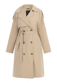 Beige trench coat vyrobený z lehké látky, s dvojitým zapínáním na knoflíky, odpovídajícím pásem, velkými knoflíky a bočními kapsami.