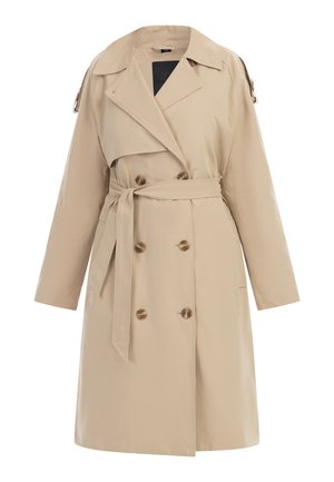 Trench coat beige in tessuto leggero, con chiusura doppiopetto, cintura coordinata, bottoni grandi e tasche laterali.