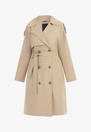 Trench coat beige in tessuto leggero, con chiusura doppiopetto, cintura coordinata, bottoni grandi e tasche laterali.