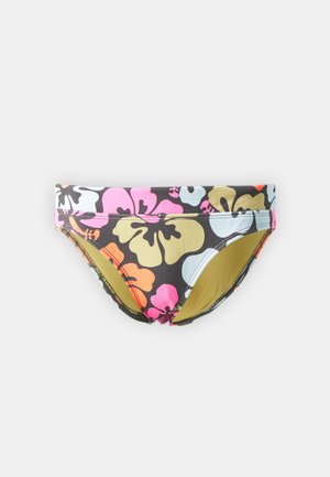 Flerfärgad bikiniunderdel med blommönster som har rosa, gula och blå blommor på en mörk bakgrund. Elastisk midja, slät yta.