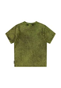 Grøn kortærmet T-shirt med en tekstureret, ujævn overflade, rund hals og lige snit. Har en subtil marmoreringseffekt.