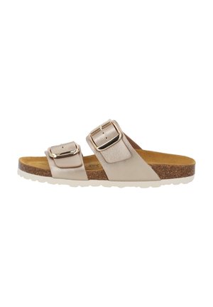 Beige åben-tå sandal med to justerbare spænder, korkfodsål og hvid tekstureret sål, vist i sideprofil.