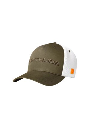 Casquette de baseball vert olive et blanc avec "GERTRUDE" brodé sur le devant et petit logo carré orange sur le panneau latéral.