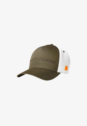 Casquette de baseball vert olive et blanc avec "GERTRUDE" brodé sur le devant et petit logo carré orange sur le panneau latéral.