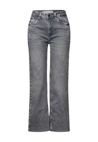 Jean flare en denim gris avec fermeture à bouton, conception à cinq poches et finition délavée. Présente une taille haute et une coupe droite.