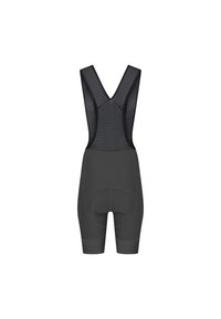 Black cycling bib shorts with a textured mesh upper, featuring a V-shaped back and padded seat, designed for comfort and performance.