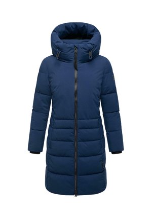 Navy blue long padded winter coat with high padded collar, full front zipper, and side pockets, designed for cold weather.