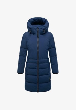 Abrigo de invierno largo y acolchado en azul marino con alto cuello acolchado, cremallera frontal completa y bolsillos laterales, diseñado para el clima frío.