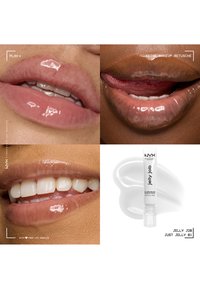 Glanzende lippen bij diverse modellen die een natuurlijke uitstraling tonen, gecombineerd met een tube transparante lippenbalsem van NYX Jelly Job en een productstaal.