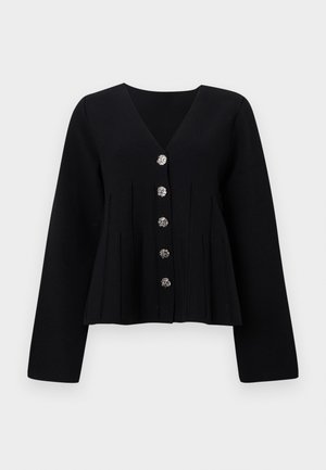 Svart cardigan med V-hals, lange ermer og plissert detaljering. Har seks dekorative knapper med metallisk finish.