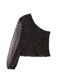 Top nero a spalla unica con tessuto arricciato e manica lunga trasparente, caratterizzato da un motivo decorato con piccole accentuazioni dorate.