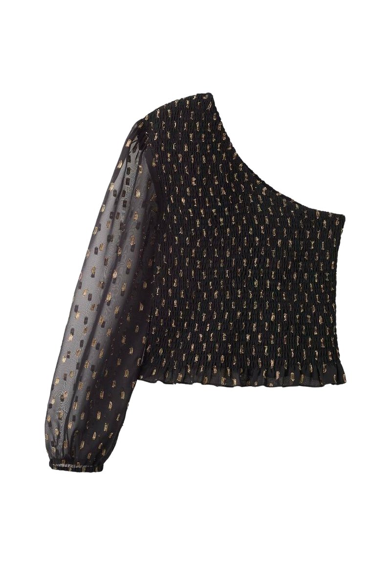 Black one-shoulder top with gathered fabric and sheer long sleeve, featuring a pattern of small gold accents throughout.