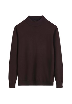 Pull marron foncé à manches longues avec col montant et poignets et ourlet côtelés, présenté sur un fond blanc.