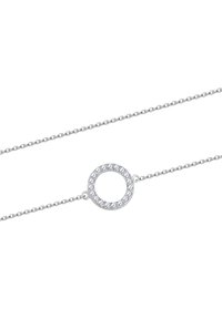 Srebrna bransoletka łańcuszkowa z okrągłym zawieszką ozdobioną przezroczystymi cyrkoniami, charakteryzująca się minimalistycznym wzornictwem i wypolerowaną teksturą.