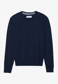 Pull bleu marine à col rond avec manches longues, col et poignets côtelés, fabriqué en matière tricotée douce ; doté d'une étiquette au niveau de l'encolure.