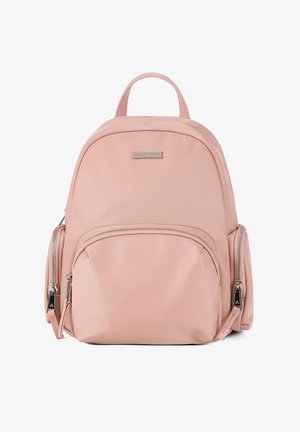 Zaino rosa realizzato in nylon liscio, caratterizzato da un design arrotondato, maniglia superiore, tasca anteriore con zip e zip laterali per un accesso facile.