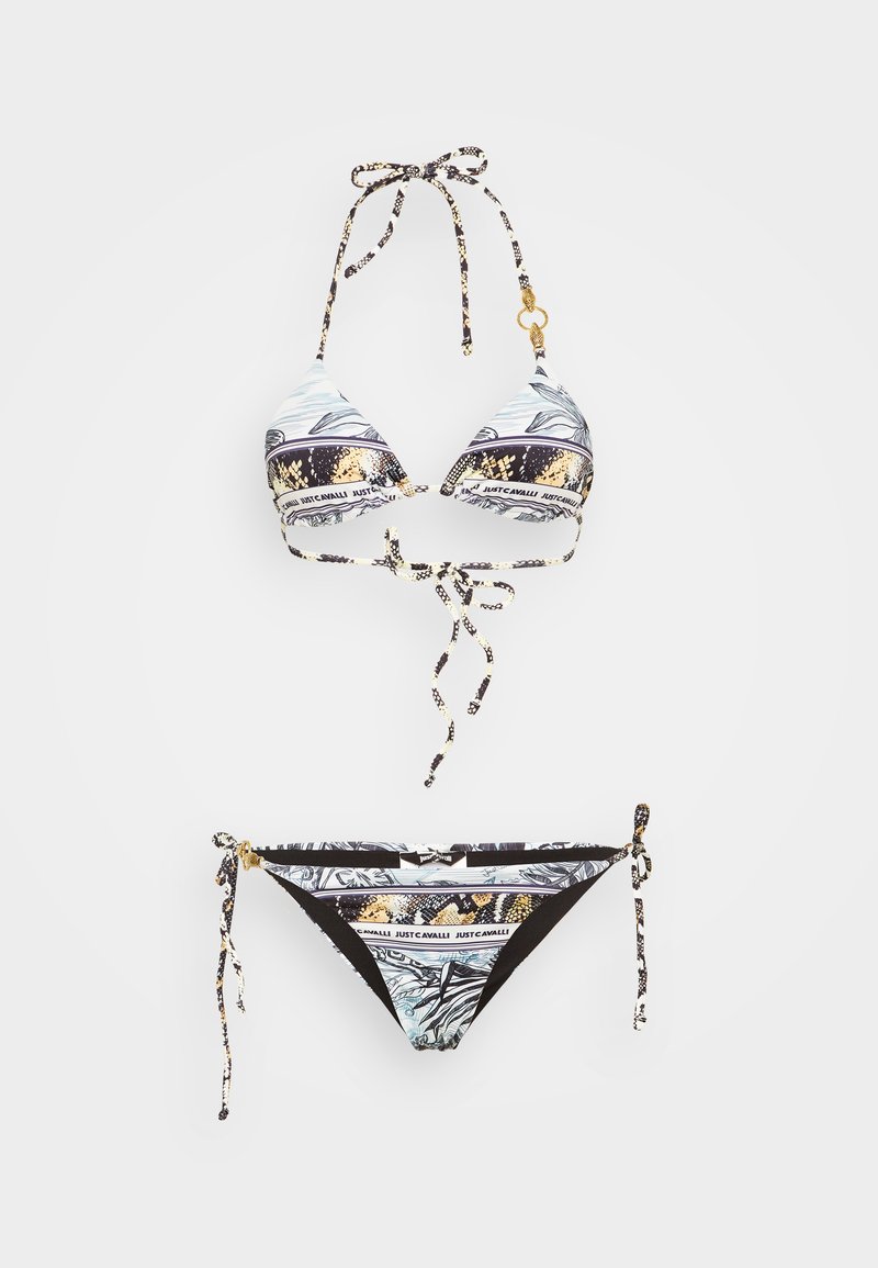 Bikini set featuring a patterned triangle top with tie straps and a matching bottom. Colors include black, white, and gold accents.