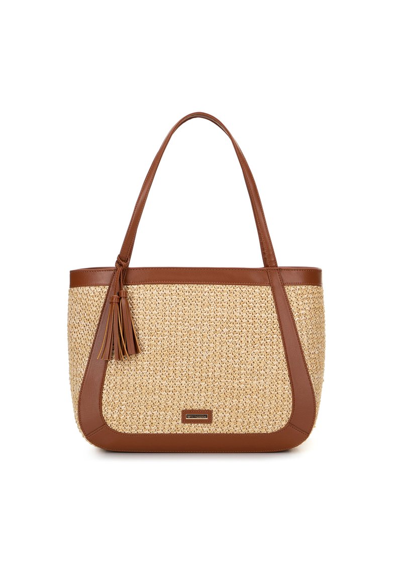 Tote bag van natuurlijk geweven stro met bruine leren accenten, platte handvatten en een decoratieve kwast aan de zijkant.