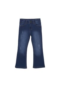 Donkerblauwe flared jeans van denim met vervaagde details, een vijf-pocket ontwerp en een knoopsluiting bij de taille, met contrasterende stiksels.