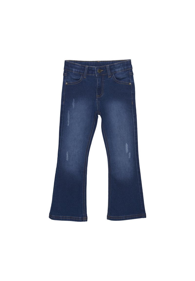 Donkerblauwe flared jeans van denim met vervaagde details, een vijf-pocket ontwerp en een knoopsluiting bij de taille, met contrasterende stiksels.