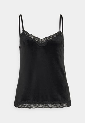 Camisole negru din satin cu bretele subțiri ajustabile, având o margine din dantelă cu un model în formă de valuri pe decolteu și pe tiv. Textură netedă și strălucitoare.