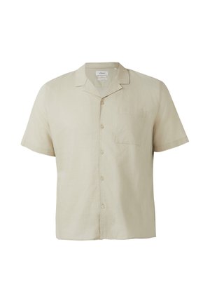 Beżowa koszula z krótkim rękawem z guzikami, kołnierzykiem i kieszenią na piersi, prezentowana na białym tle.