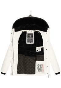 White puffer jacket with black faux fur lining, quilted inner panel, and multiple interior pockets. Features zip closure and logo detail.