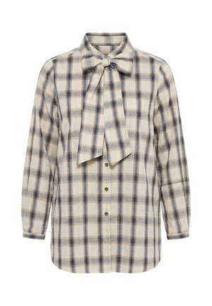 Ulla Popken, PLAID LAVALLIERE LONG SLEEVE BUTTON-DOWN BLOUSE - Blusa - mustard