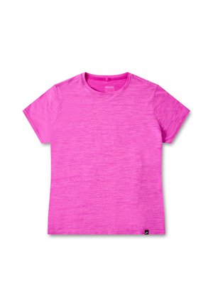 T-shirt a maniche corte con scollo rotondo di un vivace colore rosa, con una finitura testurizzata e un piccolo etichetta con il marchio in basso a sinistra.