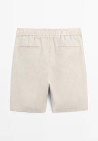 Beige men's shorts with elastic waistband and two back welt pockets, displayed flat on a white background.