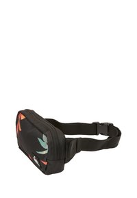 Schwarze Hüfttasche mit tropischem Blattdesign in Orange und Türkis. Aus strapazierfähigem Material gefertigt. Verfügt über ein zipbares Fach und einen verstellbaren Riemen.