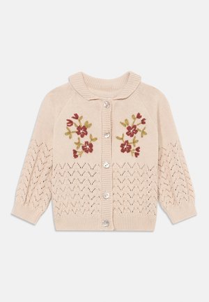 Helle beige Strickjacke mit floraler Stickerei in Burgunderrot und Grün, mit runder Kragen und fünf Knopfverschluss. Perforiertes Spitzenmuster.