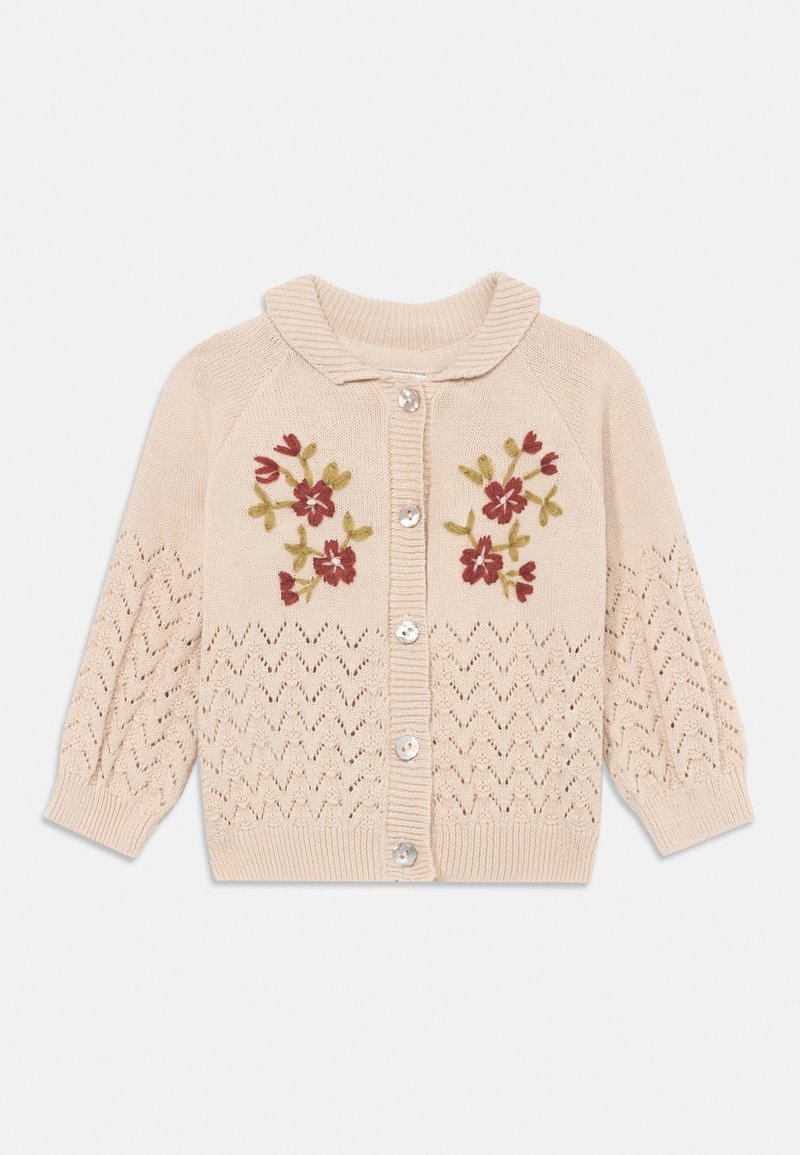 Helle beige Strickjacke mit floraler Stickerei in Burgunderrot und Grün, mit runder Kragen und fünf Knopfverschluss. Perforiertes Spitzenmuster.