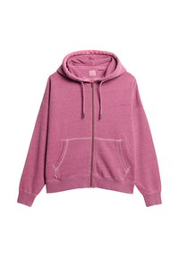 Haut à zip rose avec une poche frontale, capuche à cordon de serrage et poignets côtelés. Fabriqué en tissu doux avec une texture légèrement chinée.