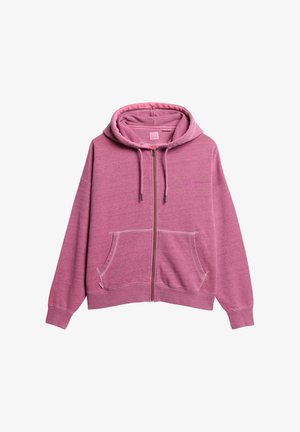 Lyserød zip-up hoodie med en lomme foran, snoretræk i hætten og ribbede manchetter. Fremstillet af blødt stof med en subtil meleret tekstur.