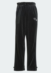 Svarta velourbyxor med resårmidja, prydda med vit hjärt- och logobrodyr, rak passform och justerbara ankelband.