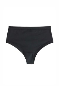 Højtaljede sorte bikini-trusser lavet af glat, strækbart stof. Har rene kanter og et klassisk design uden synlige hardware.