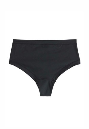 Højtaljede sorte bikini-trusser lavet af glat, strækbart stof. Har rene kanter og et klassisk design uden synlige hardware.