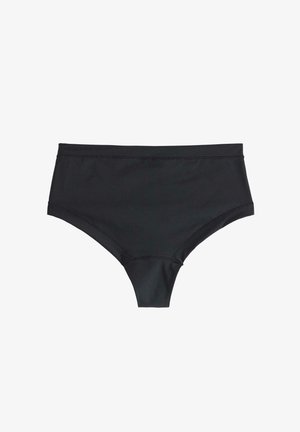 Højtaljede sorte bikini-trusser lavet af glat, strækbart stof. Har rene kanter og et klassisk design uden synlige hardware.