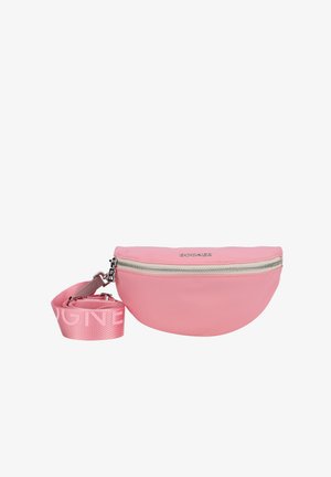 Różowa nerka z nylonu o zaokrąglonym kształcie, ze srebrnym zamkiem błyskawicznym oraz odczepianym paskiem z białym logo. Gładka faktura.