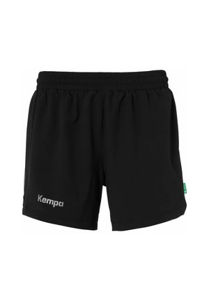 Sorte atletiske shorts med elastisk talje, prydet med et sølvfarvet "Kempa" logo og et grønt mærke. Materialet ser glat og let ud.